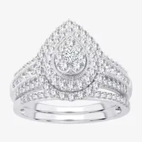 Womens 1 CT.T.W. Natural Diamond 10K or 14K White Gold Pear Halo Bridal Set