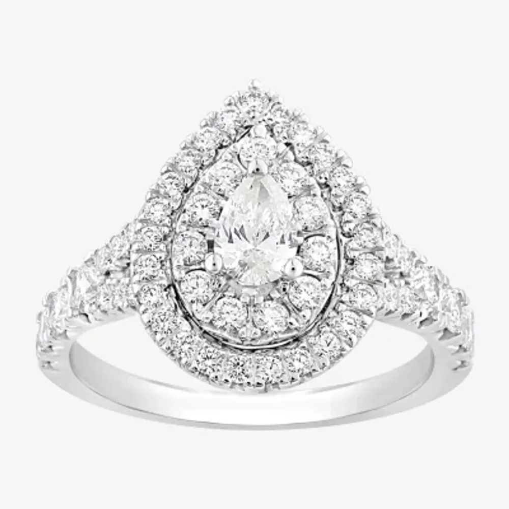Signature By Modern Bride (G-H / Si2) Womens 1 1/4 CT. T.W. Lab Grown White Diamond 10K White Gold Pear Side Stone Halo Engagement Ring