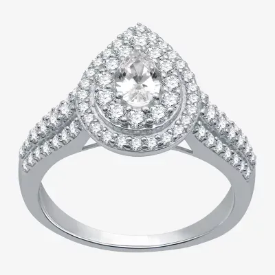 Signature By Modern Bride Womens 1 1/4 CT. T.W. Natural White Diamond 14K Gold Pear Side Stone Halo Engagement Ring