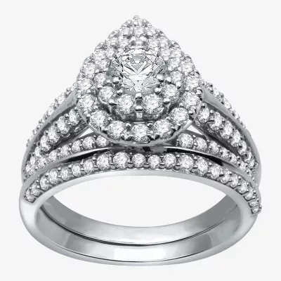 Signature By Modern Bride Womens 1 1/2 CT. T.W. Natural Diamond 14K White Gold Pear Side Stone Halo Bridal Set