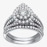 Signature By Modern Bride Womens 1 1/2 CT. T.W. Natural Diamond 14K White Gold Pear Side Stone Halo Bridal Set