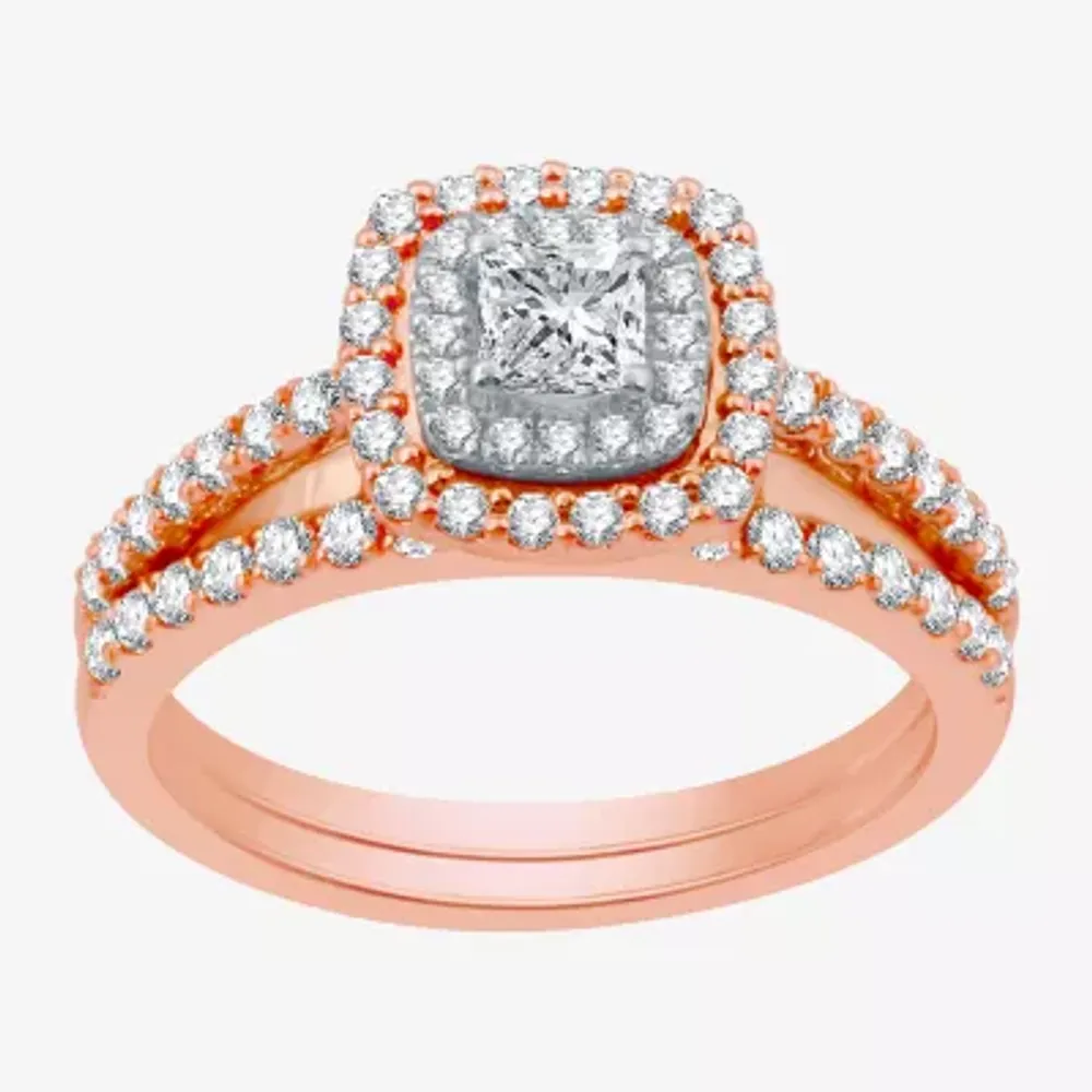 Signature By Modern Bride Womens 1 CT. T.W. Natural White Diamond 10K Rose Gold Side Stone Halo Bridal Set