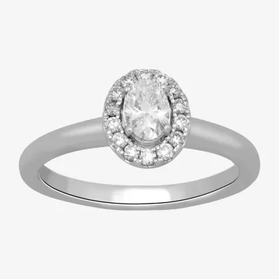 Signature By Modern Bride (H-I / Si2) Womens 1/2 CT. T.W. Lab Grown White Diamond 10K Gold Oval Side Stone Halo Engagement Ring