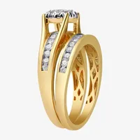 Womens 1 CT. T.W. Natural White Diamond 14K Gold Round Side Stone Halo Bridal Set