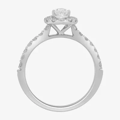 Signature By Modern Bride (H-I / Si2) Womens 1 CT. T.W. Lab Grown White Diamond 10K Gold Pear Side Stone Halo Engagement Ring