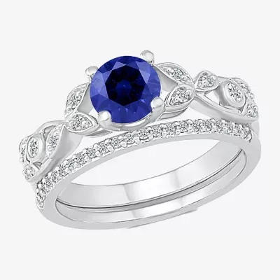 Modern Bride Gemstone Womens Lab Created Blue Sapphire 14K White Gold Bridal Set