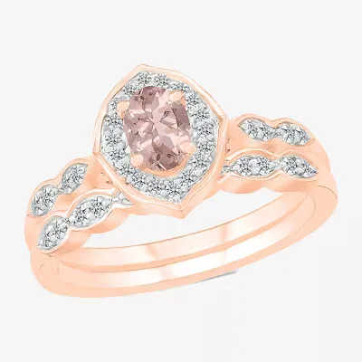 Modern Bride Gemstone Womens Genuine Pink Morganite 14K Rose Gold Oval Bridal Set