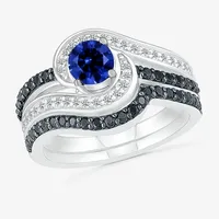 Modern Bride Gemstone Womens Lab Created Blue Sapphire 14K White Gold Round Bridal Set