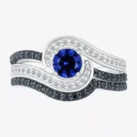 Modern Bride Gemstone Womens Lab Created Blue Sapphire 14K White Gold Round Bridal Set