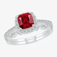 Modern Bride Gemstone Womens Lab Created Red Ruby 14K White Gold Cushion Bridal Set