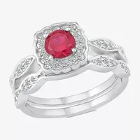 Modern Bride Gemstone Womens Lab Created Red Ruby 14K White Gold Cushion Bridal Set