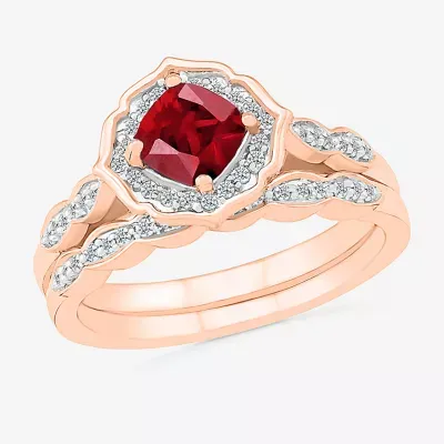 Modern Bride Gemstone Womens Lab Created Red Ruby 14K Rose Gold Cushion Bridal Set