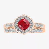 Modern Bride Gemstone Womens Lab Created Red Ruby 14K Rose Gold Cushion Bridal Set