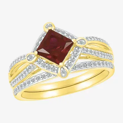 Modern Bride Gemstone Womens Genuine Red Garnet 14K Gold Diamond Bridal Set