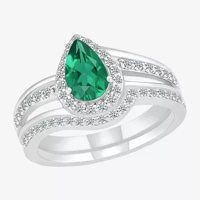 Modern Bride Gemstone Womens Lab Created Green Emerald 14K White Gold Pear Bridal Set