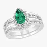 Modern Bride Gemstone Womens Lab Created Green Emerald 14K White Gold Pear Bridal Set