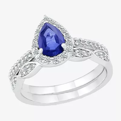 Modern Bride Gemstone Womens Lab Created Blue Sapphire 14K White Gold Pear Bridal Set