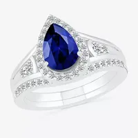 Modern Bride Gemstone Womens Lab Created Blue Sapphire 14K White Gold Pear Bridal Set