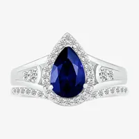 Modern Bride Gemstone Womens Lab Created Blue Sapphire 14K White Gold Pear Bridal Set