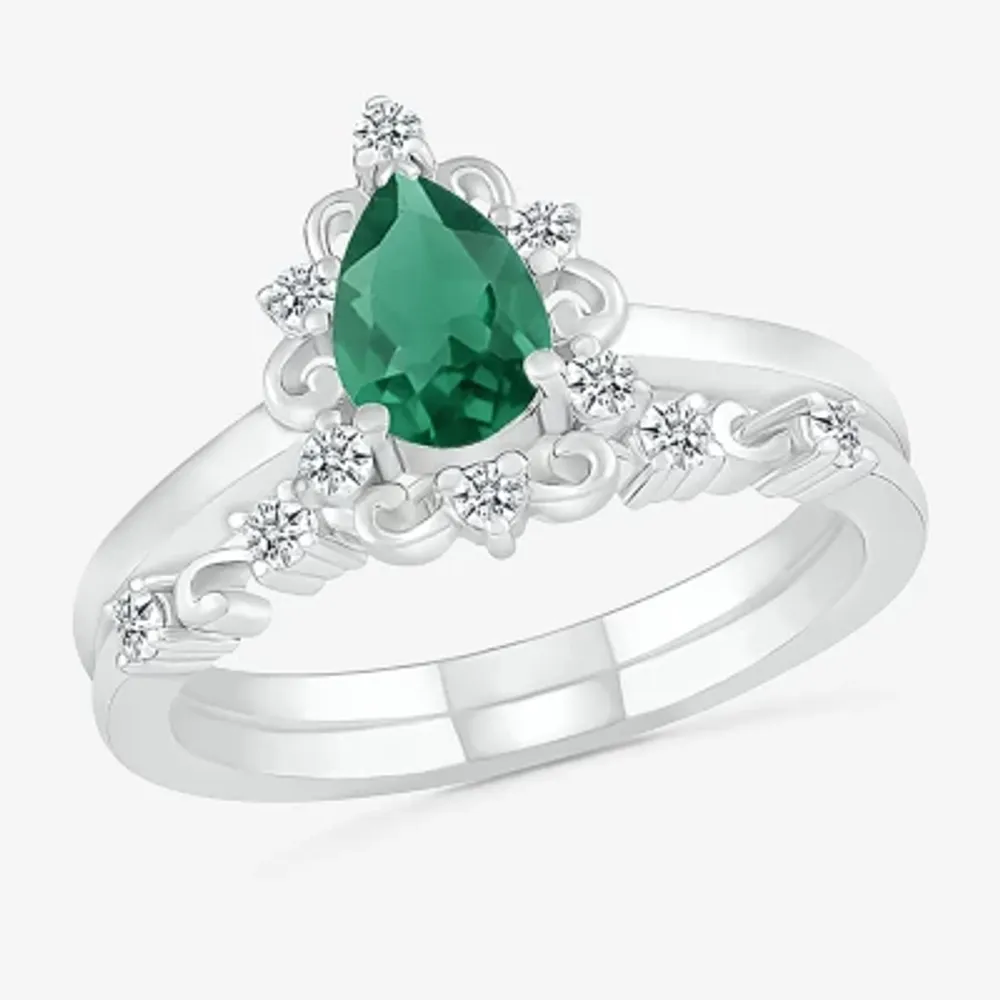 Modern Bride Gemstone Womens Lab Created Green Emerald 14K White Gold Pear Bridal Set