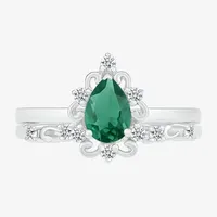 Modern Bride Gemstone Womens Lab Created Green Emerald 14K White Gold Pear Bridal Set