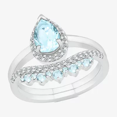 Modern Bride Gemstone Womens Genuine Blue Aquamarine 14K White Gold Pear Bridal Set