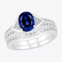 Modern Bride Gemstone Womens Lab Created Sapphire 14K White Gold Oval Bridal Set