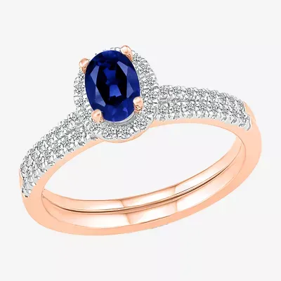 Modern Bride Gemstone Womens Lab Created Blue Sapphire 14K Rose Gold Oval Bridal Set
