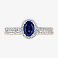 Modern Bride Gemstone Womens Lab Created Blue Sapphire 14K Rose Gold Oval Bridal Set