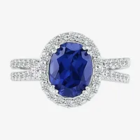 Modern Bride Gemstone Womens Lab Created Blue Sapphire 14K White Gold Oval Bridal Set