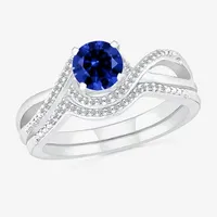 Modern Bride Gemstone Womens Lab Created Blue Sapphire 14K White Gold Round Bridal Set