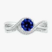 Modern Bride Gemstone Womens Lab Created Blue Sapphire 14K White Gold Round Bridal Set