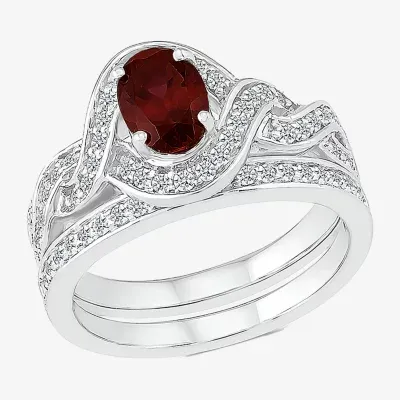 Modern Bride Gemstone Womens Genuine Red Garnet 14K White Gold Oval Bridal Set