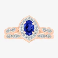 Modern Bride Gemstone Womens Lab Created Blue Sapphire 14K Rose Gold Oval Bridal Set