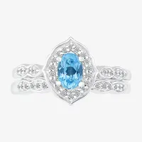 Modern Bride Gemstone Womens Genuine Blue Topaz 14K White Gold Oval Bridal Set