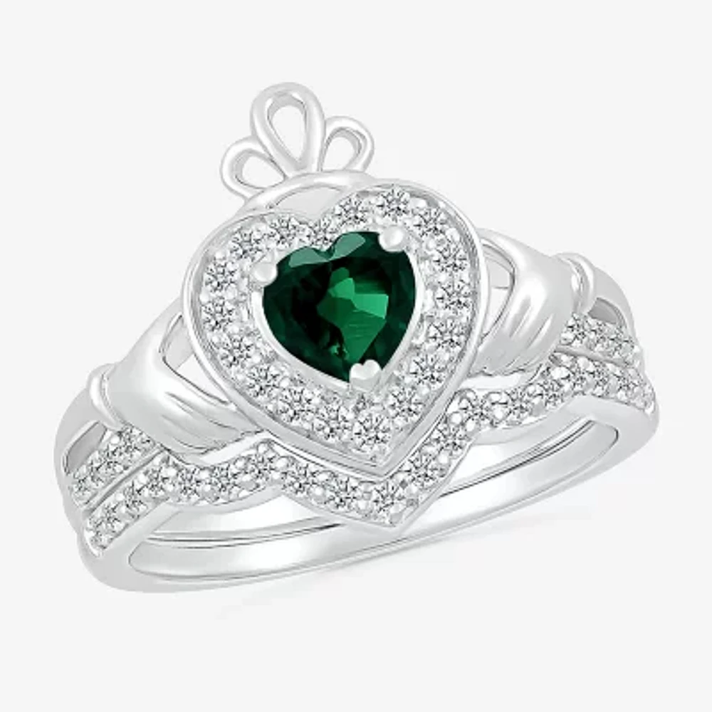 Modern Bride Gemstone Womens Lab Created Green Emerald 14K White Gold Claddagh Bridal Set