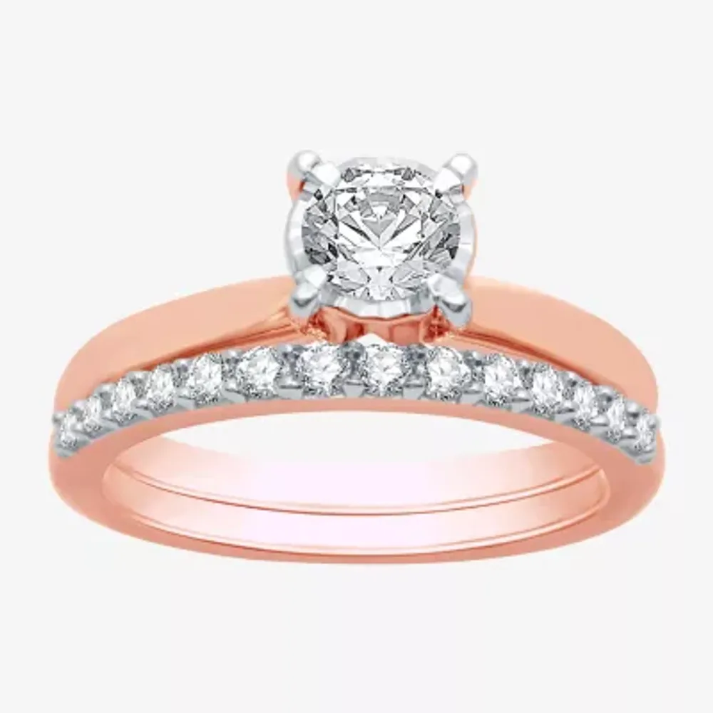 Womens 1 CT. T.W. Natural White Diamond 10K Rose Gold Round Solitaire Bridal Set