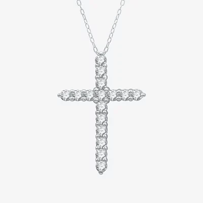 Yes Womens Lab Created White Sapphire Sterling Silver Cross Pendant Necklaces