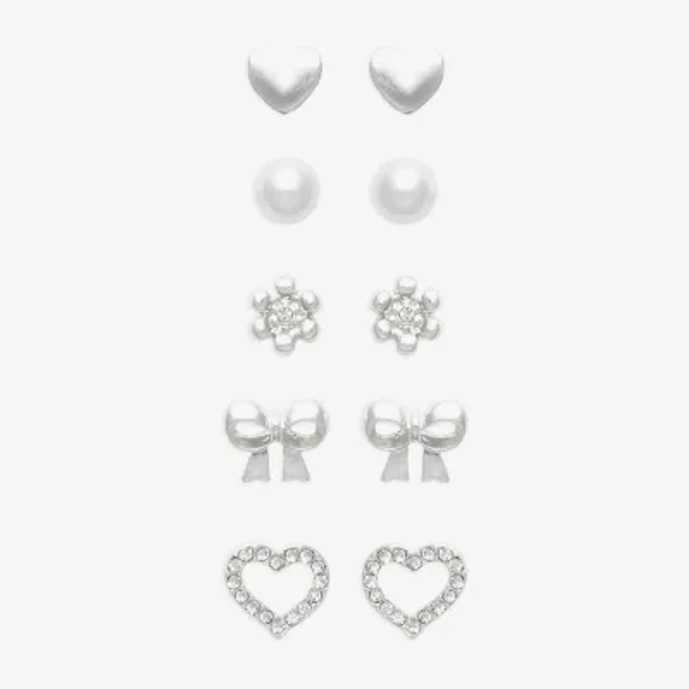 Mixit Hypoallergenic 5 Pair Cubic Zirconia Simulated Pearl Bow Flower Heart Earring Set