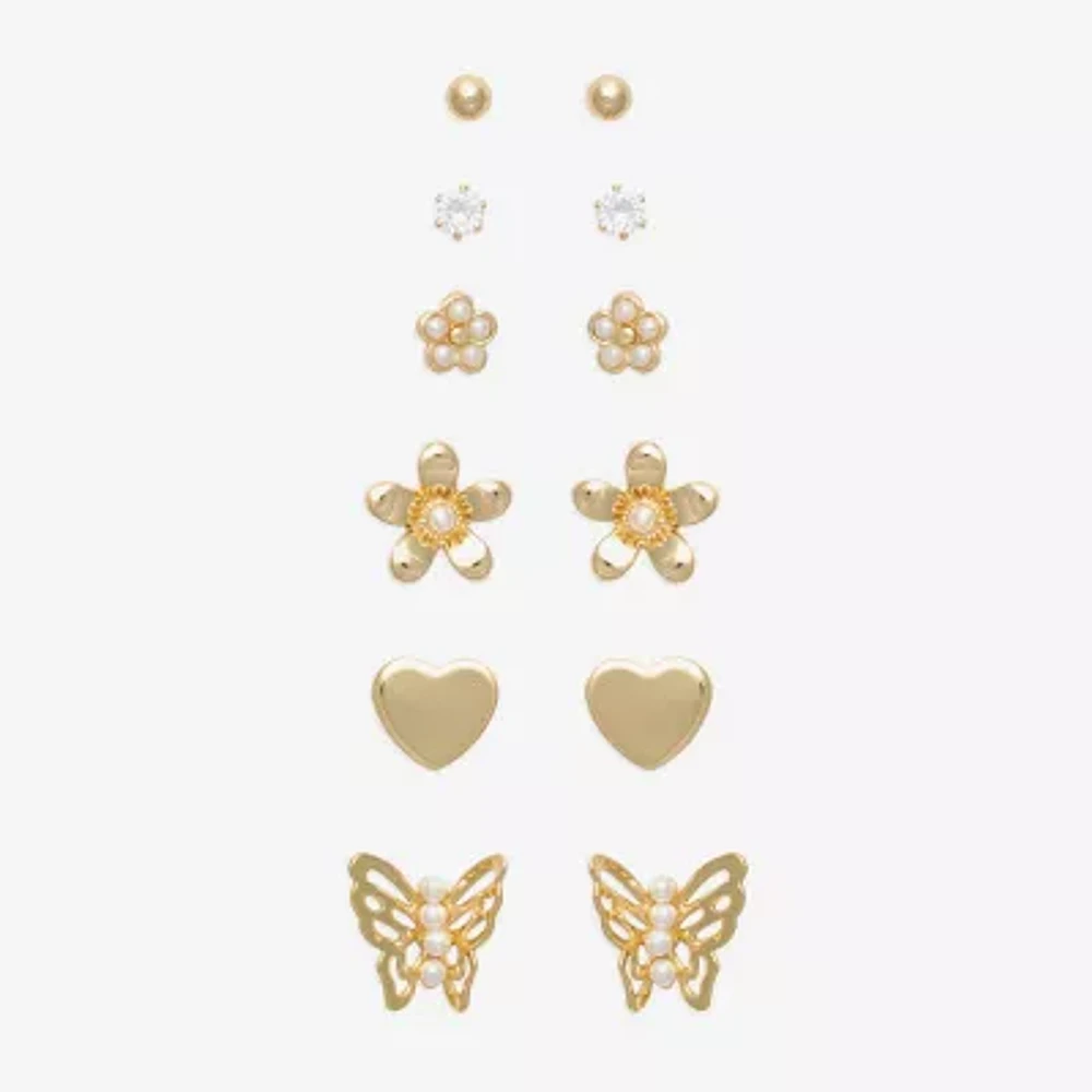 Mixit Hypoallergenic Gold Tone 6 Pair Cubic Zirconia Butterfly Flower Heart Earring Set