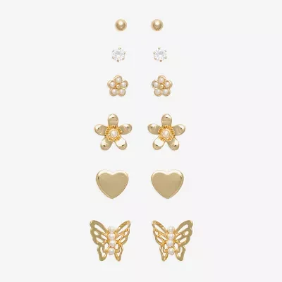 Mixit Hypoallergenic Gold Tone 6 Pair Cubic Zirconia Butterfly Flower Heart Earring Set