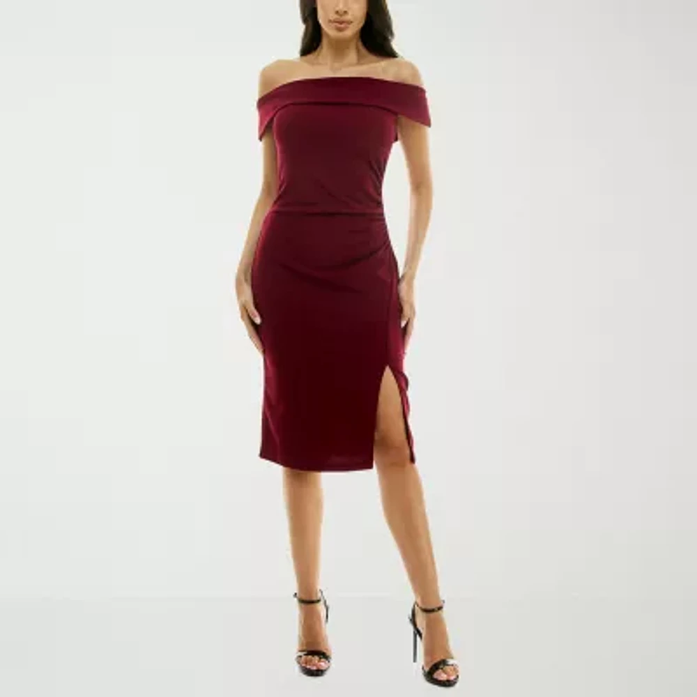 Premier Amour Womens Off The Shoulder Sleeveless Midi Sheath Dress