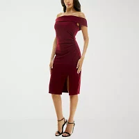 Premier Amour Womens Off The Shoulder Sleeveless Midi Sheath Dress