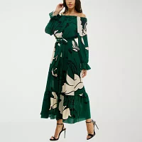 Premier Amour Off The Shoulder Womens Long Sleeve Floral Fit + Flare Dress