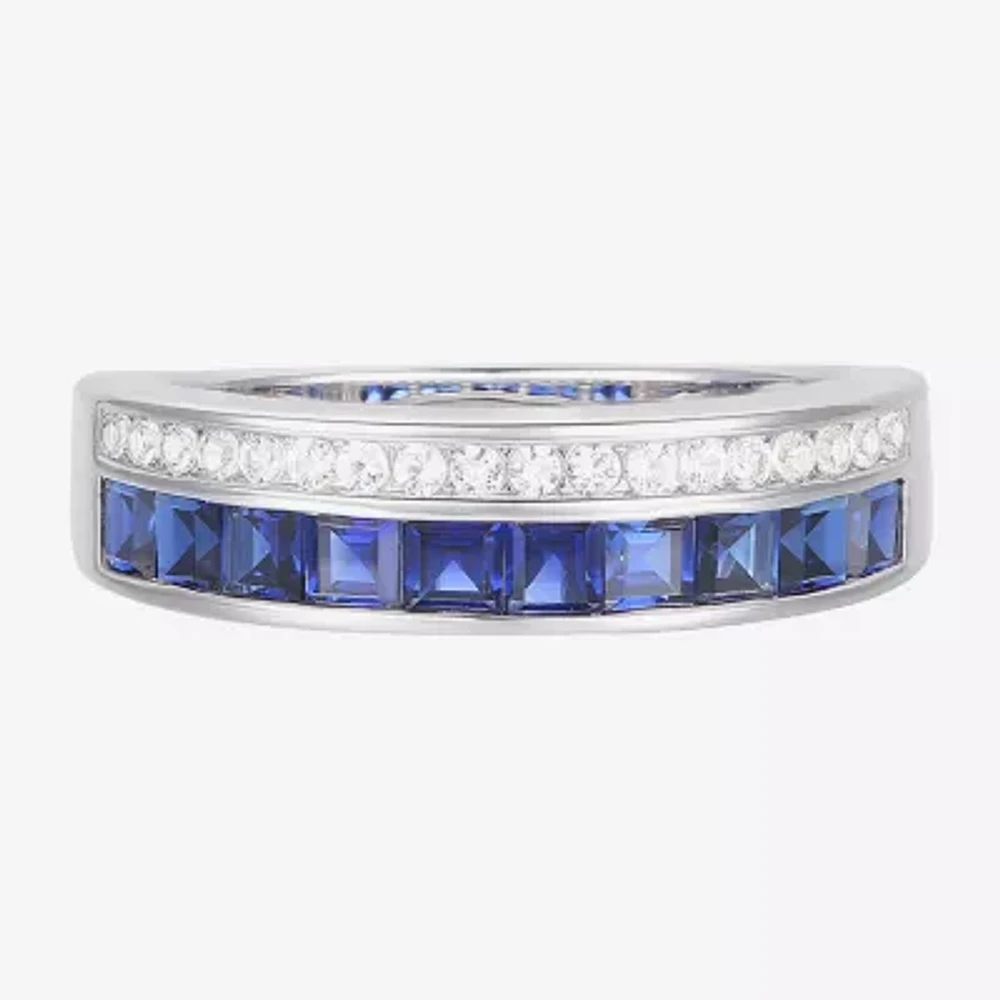Lab Created Blue Sapphire Sterling Silver Side Stone Band