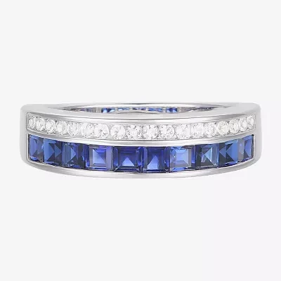 Lab Created Blue Sapphire Sterling Silver Side Stone Band