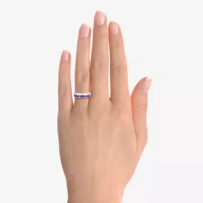 Lab Created Blue Sapphire Sterling Silver Side Stone Band