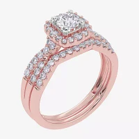 (G-H / Si1-Si2) Womens 7/8 CT. T.W. Lab Grown White Diamond 10K Rose Gold Cushion Side Stone Halo Bridal Set