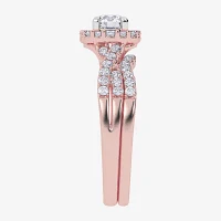 (G-H / Si1-Si2) Womens 7/8 CT. T.W. Lab Grown White Diamond 10K Rose Gold Cushion Side Stone Halo Bridal Set