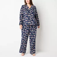 Liz Claiborne Womens Plus Flannel Long Sleeve 2-pc. Pant Pajama Set